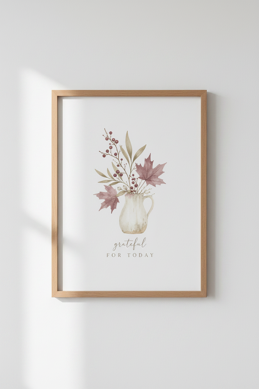 Watercolor Fall Botanical Wall Art Print | Grateful For Today | Minimalist Farmhouse Decor