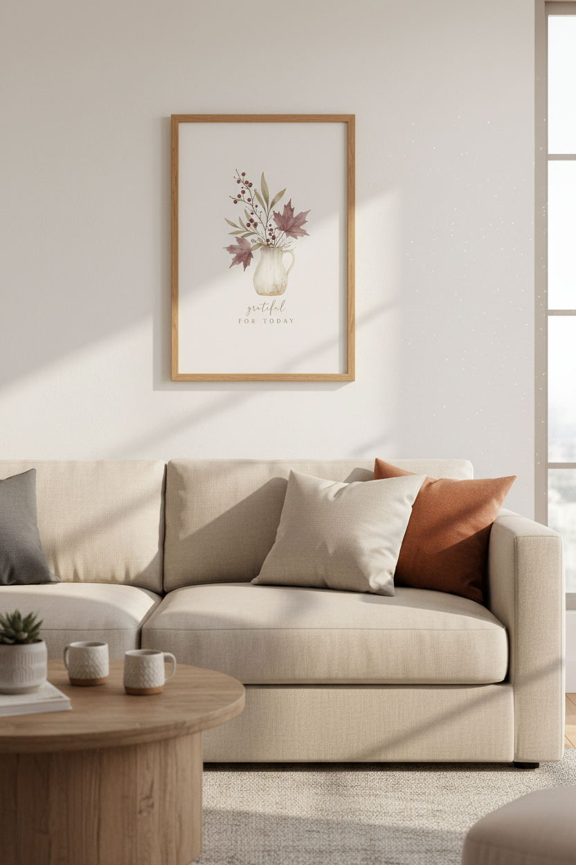 Watercolor Fall Botanical Wall Art Print | Grateful For Today | Minimalist Farmhouse Decor