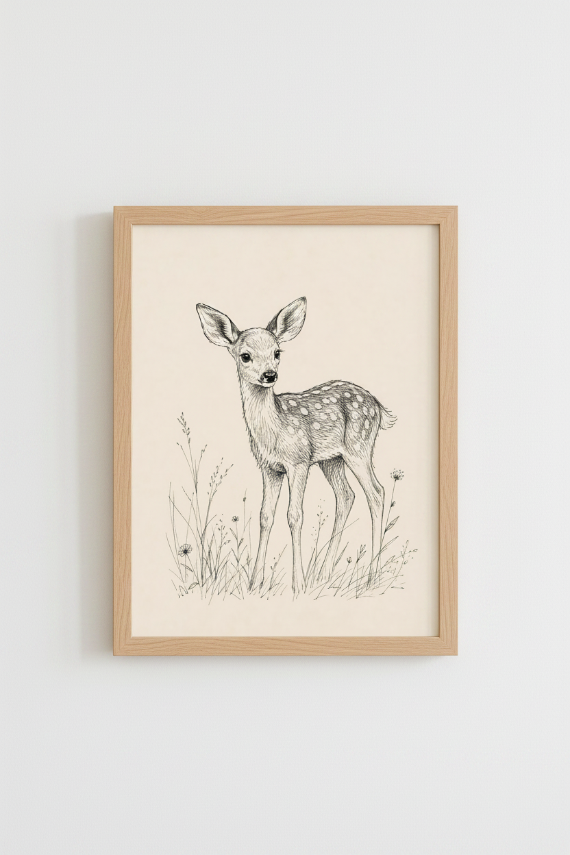 Baby Deer Ink Sketch | Vintage Woodland Wall Art, Minimalist Nursery Decor