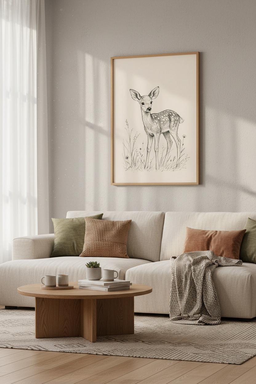 Baby Deer Ink Sketch | Vintage Woodland Wall Art, Minimalist Nursery Decor