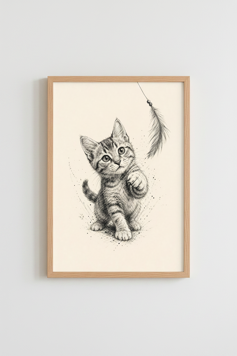 Playful Kitten Sketch | Black Ink Pen Drawing, Nursery &amp; Cat Lover Decor