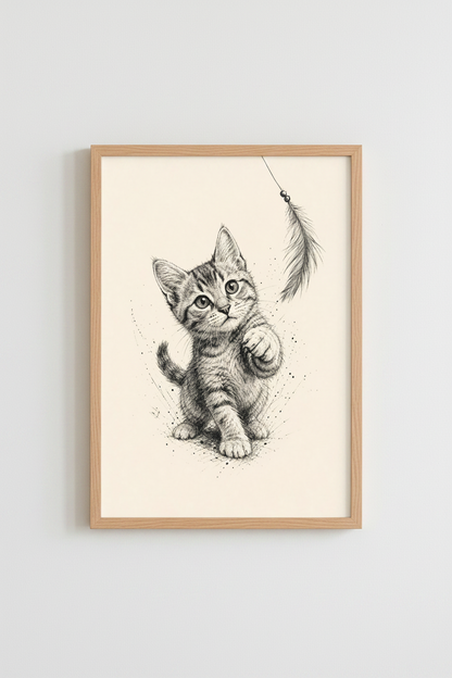Playful Kitten Sketch | Black Ink Pen Drawing, Nursery &amp; Cat Lover Decor