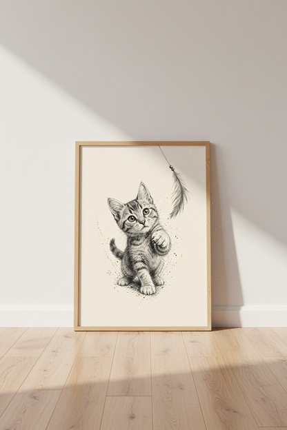 Playful Kitten Sketch | Black Ink Pen Drawing, Nursery &amp; Cat Lover Decor