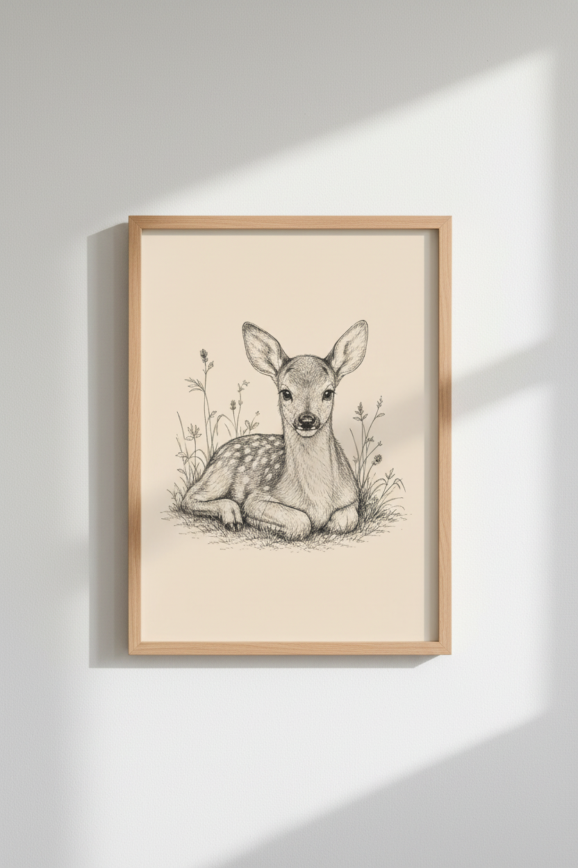 Vintage Fawn Deer Wall Art Print | Nursery Forest Decor | Woodland Sketch Poster