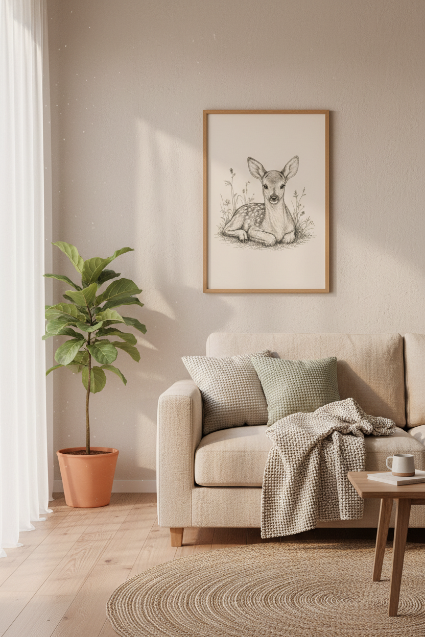 Vintage Fawn Deer Wall Art Print | Nursery Forest Decor | Woodland Sketch Poster