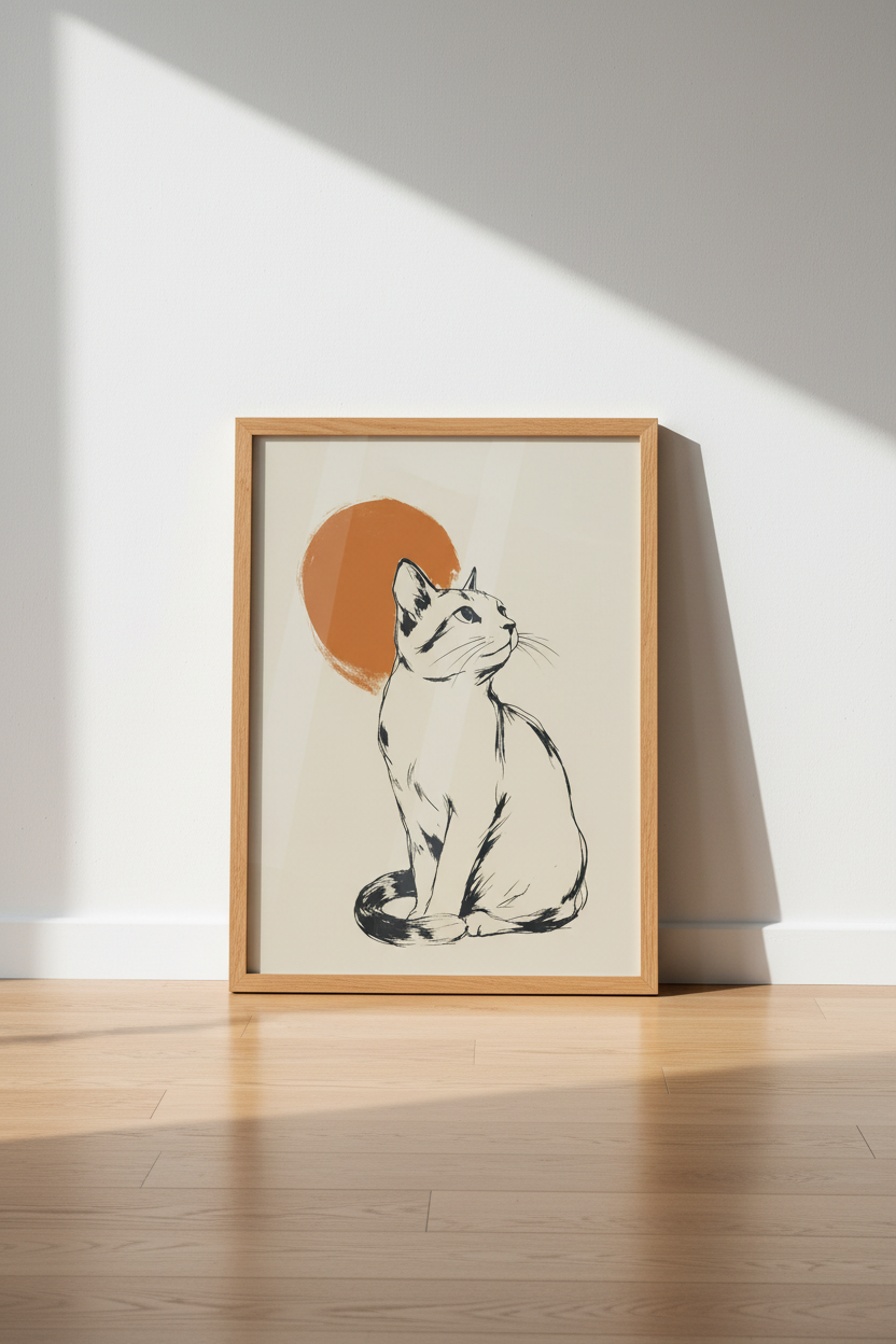 Minimalist Japanese Cat Wall Art | Sumi-e Ink Style, Zen Home Decor Poster