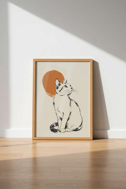 Minimalist Japanese Cat Wall Art | Sumi-e Ink Style, Zen Home Decor Poster