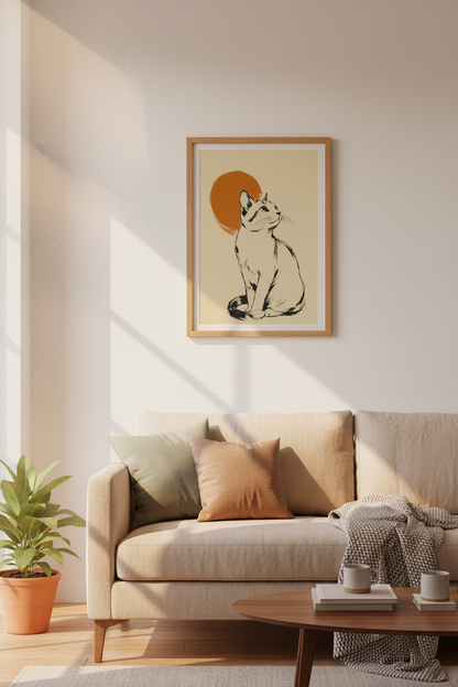 Minimalist Japanese Cat Wall Art | Sumi-e Ink Style, Zen Home Decor Poster