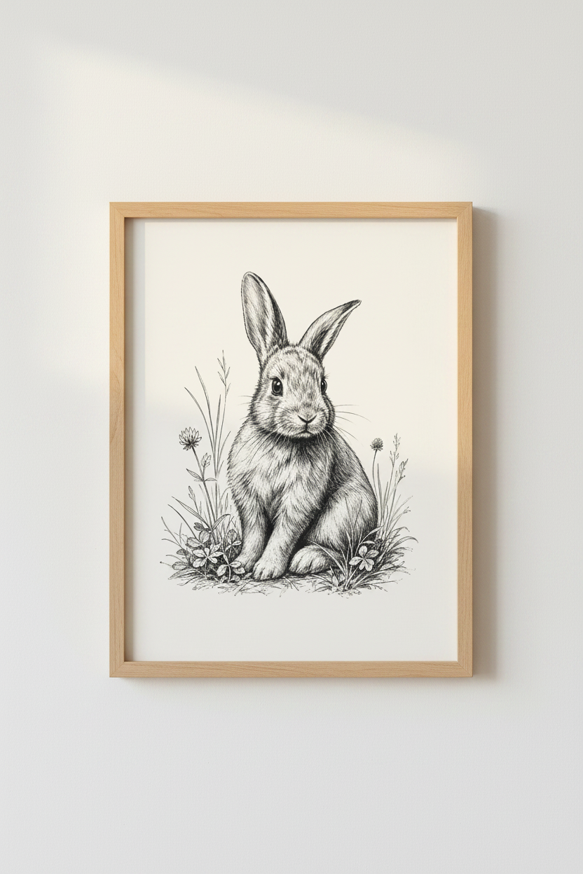 Vintage Bunny Rabbit Sketch Wall Art | Nursery Decor | Woodland Nature Poster