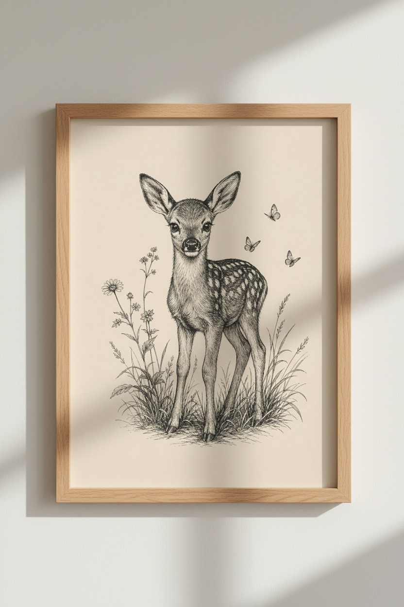 Baby Fawn &amp; Butterflies Wall Art | Vintage Sketch, Woodland Nursery Decor