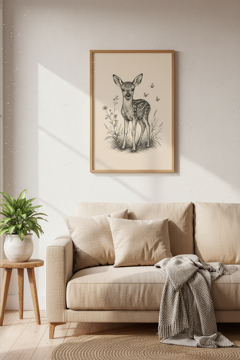 Baby Fawn &amp; Butterflies Wall Art | Vintage Sketch, Woodland Nursery Decor