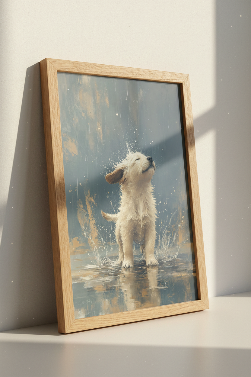 Golden Retriever Puppy in Rain Wall Art | Splashing Dog Poster | Modern Nursery Decor