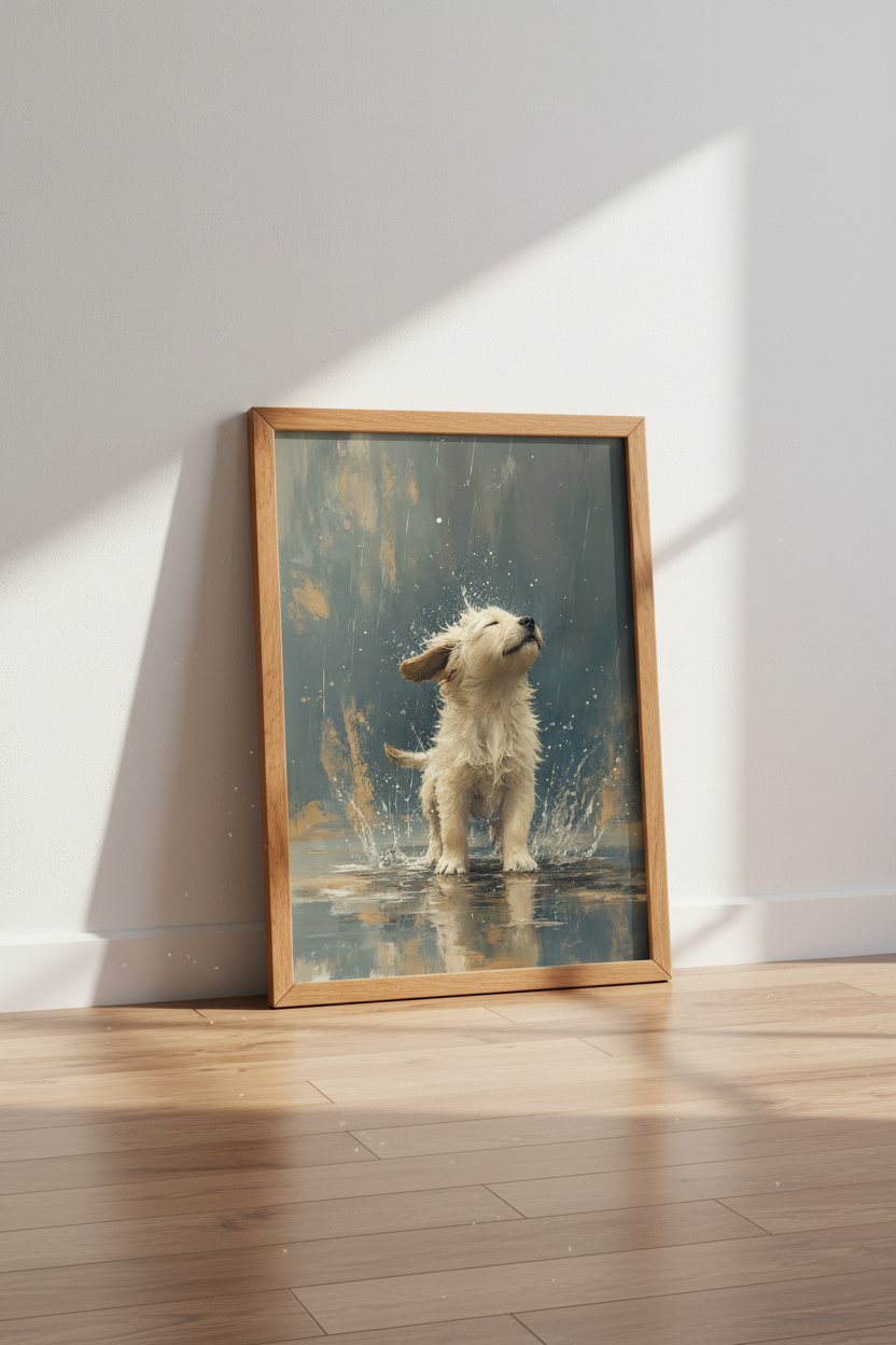 Golden Retriever Puppy in Rain Wall Art | Splashing Dog Poster | Modern Nursery Decor