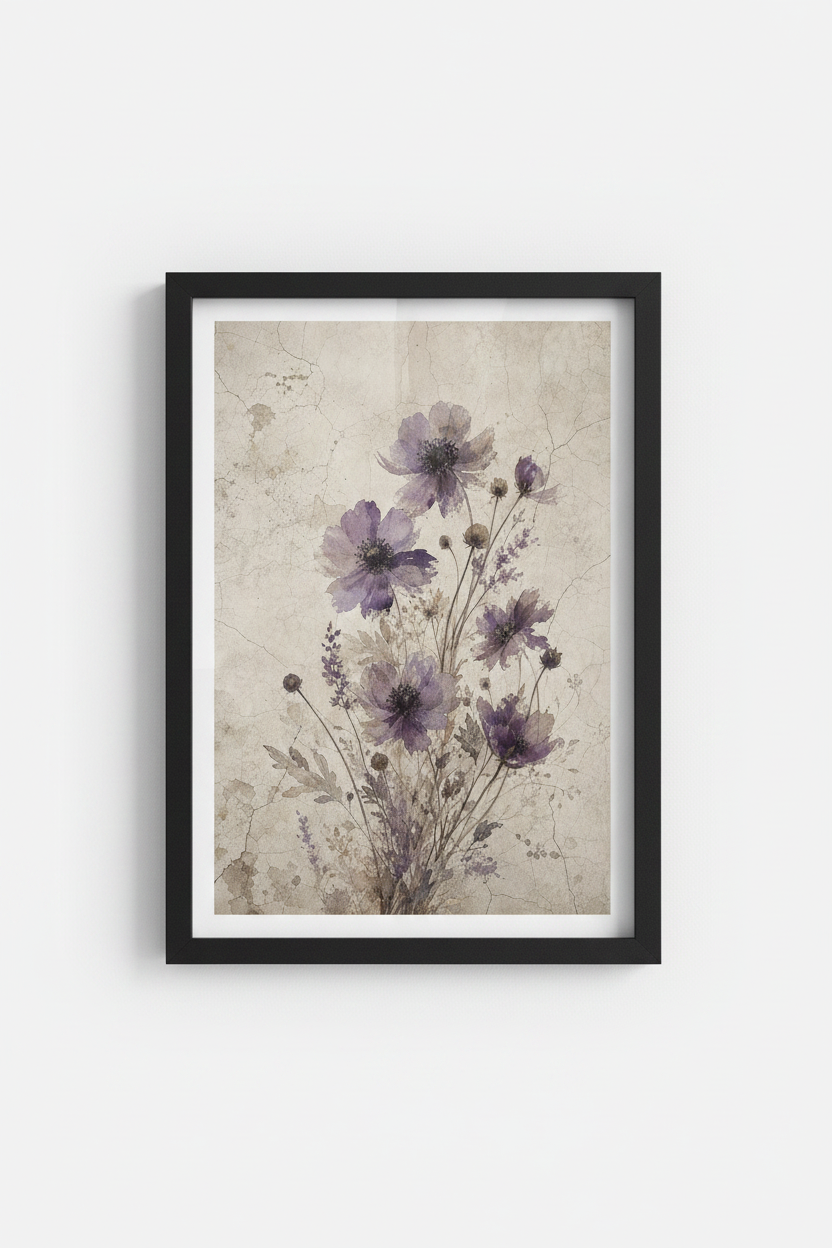 Vintage Purple Floral Wall Art | Muted Botanical Watercolor, Bedroom Decor Poster