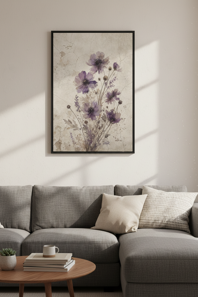 Vintage Purple Floral Wall Art | Muted Botanical Watercolor, Bedroom Decor Poster