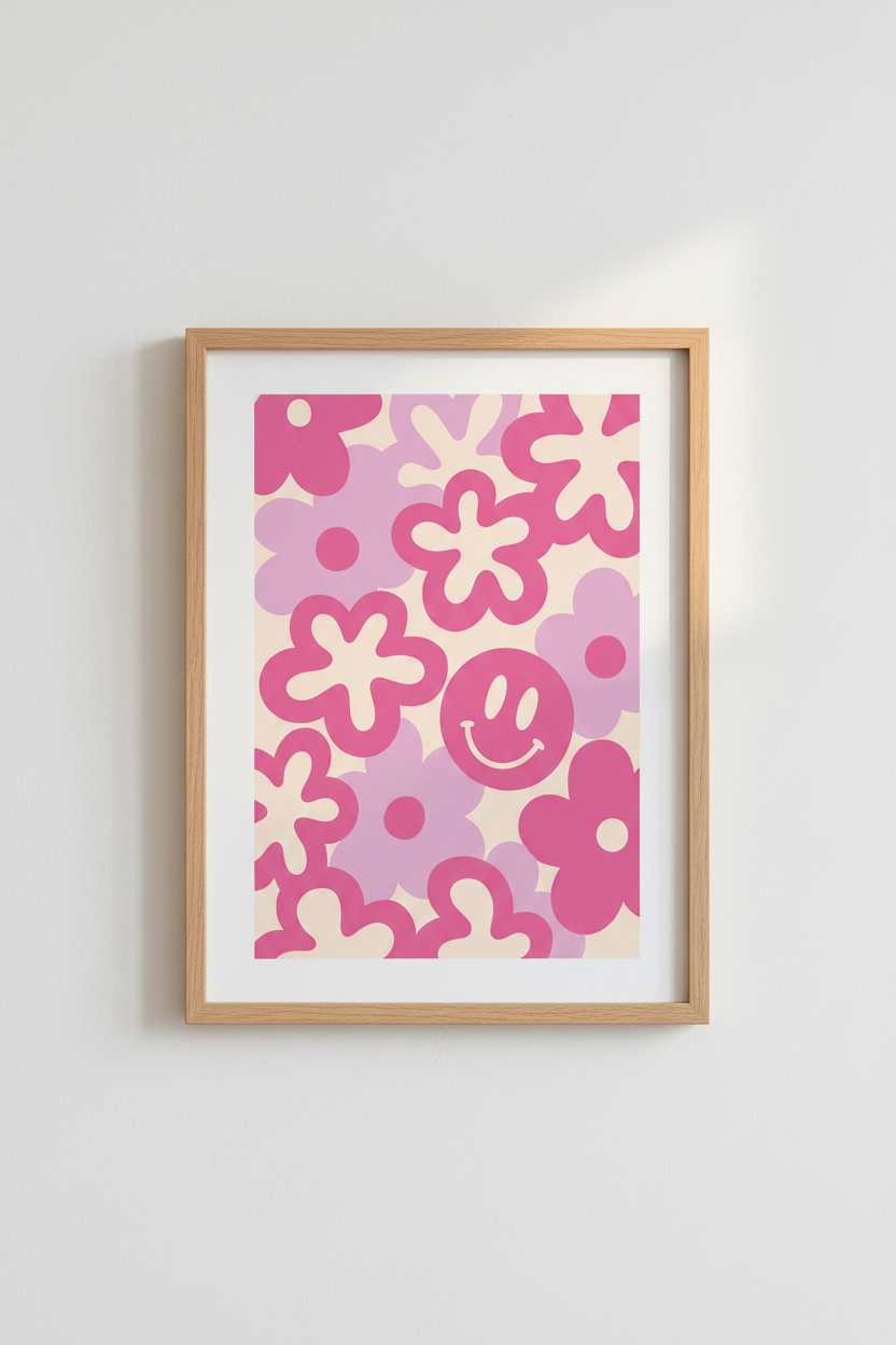 Preppy Pink Flower Art Print | Retro Smiley Face Poster | Dorm &amp; Bedroom Decor