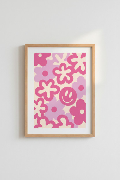 Preppy Pink Flower Art Print | Retro Smiley Face Poster | Dorm &amp; Bedroom Decor