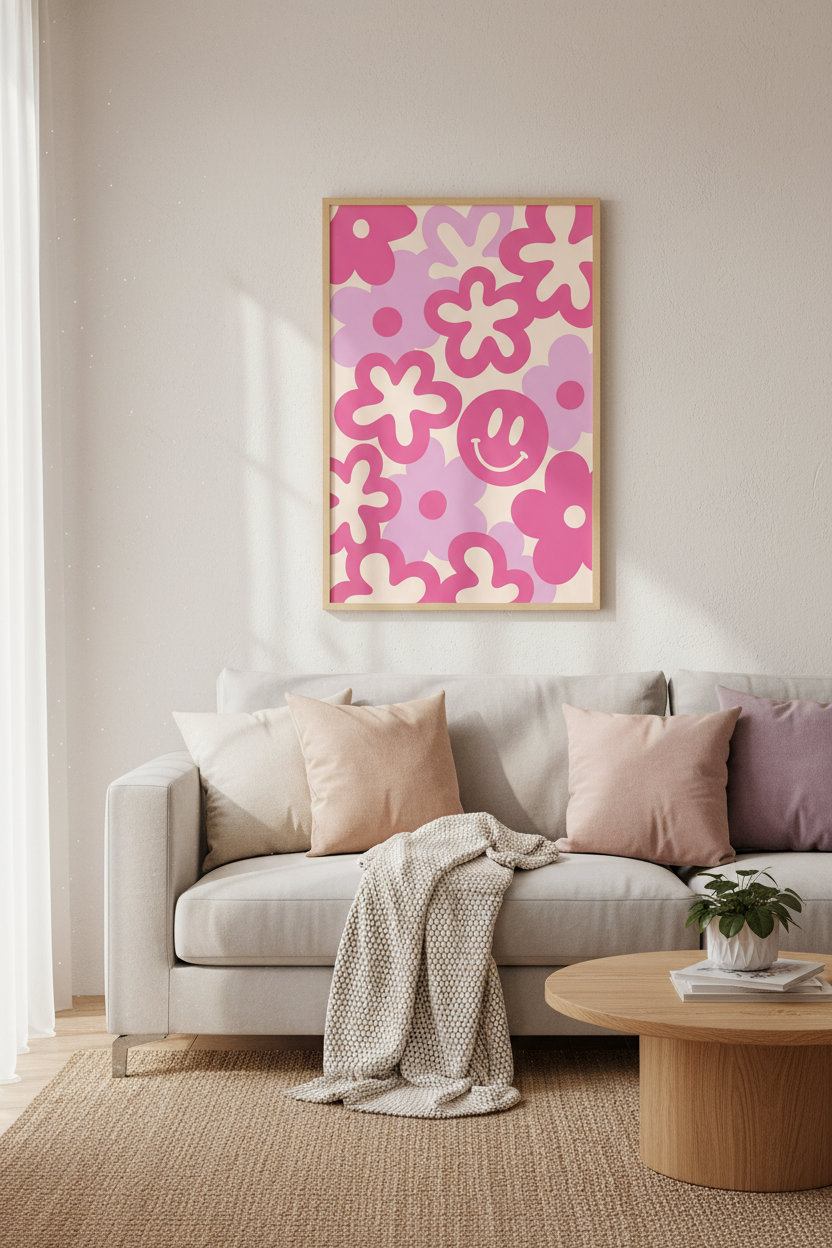 Preppy Pink Flower Art Print | Retro Smiley Face Poster | Dorm &amp; Bedroom Decor