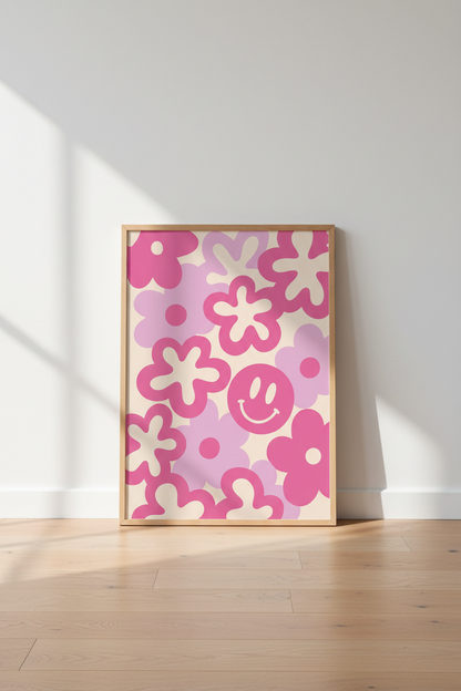 Preppy Pink Flower Art Print | Retro Smiley Face Poster | Dorm &amp; Bedroom Decor