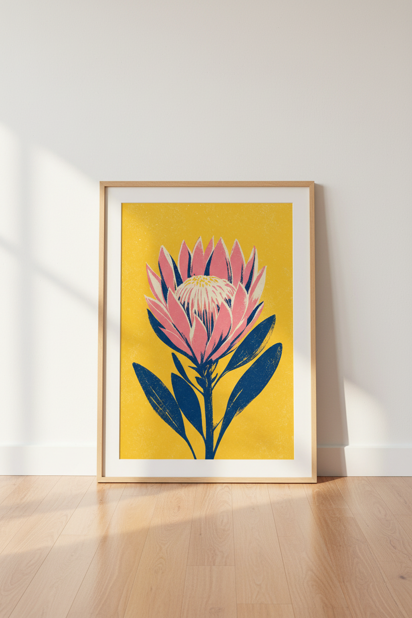 King Protea Floral Wall Art | Yellow &amp; Pink Linocut Print, Botanical Decor