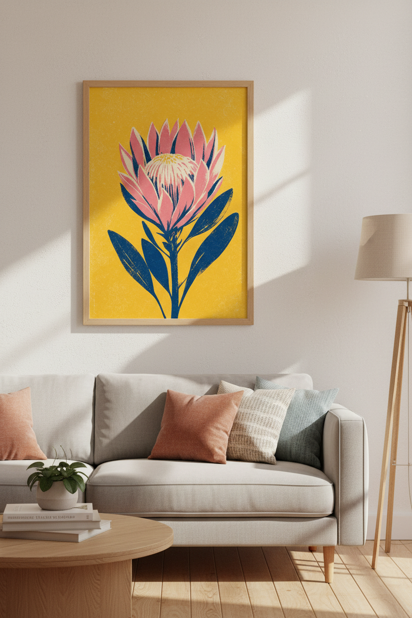 King Protea Floral Wall Art | Yellow &amp; Pink Linocut Print, Botanical Decor