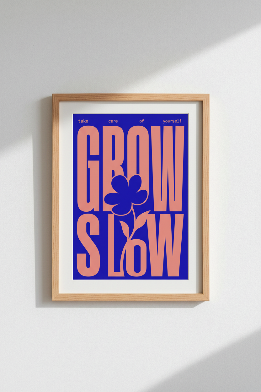 Grow Slow Retro Typography Wall Art | Blue Peach Self Care Poster | Modern Home Decor