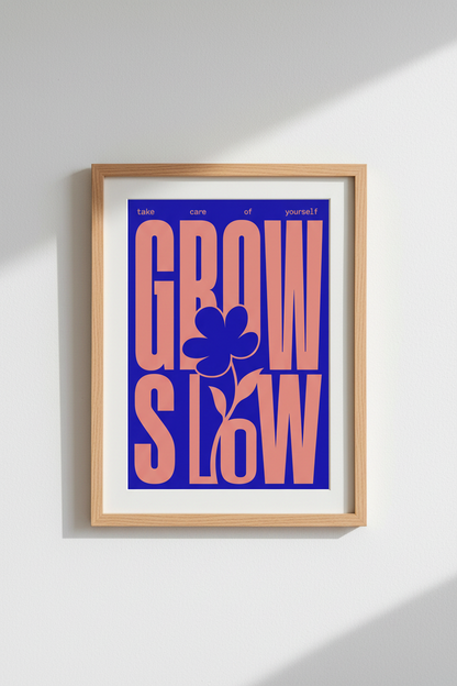 Grow Slow Retro Typography Wall Art | Blue Peach Self Care Poster | Modern Home Decor