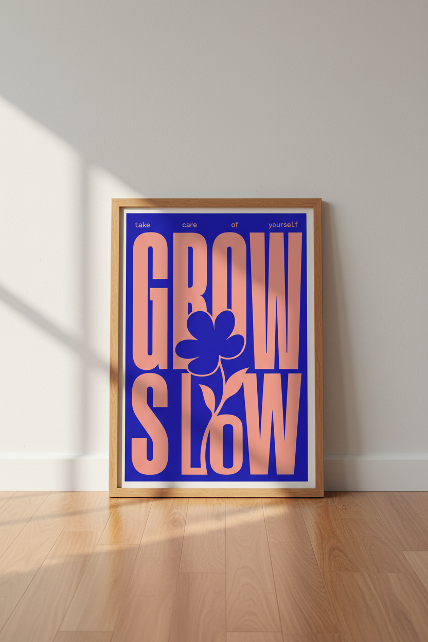 Grow Slow Retro Typography Wall Art | Blue Peach Self Care Poster | Modern Home Decor