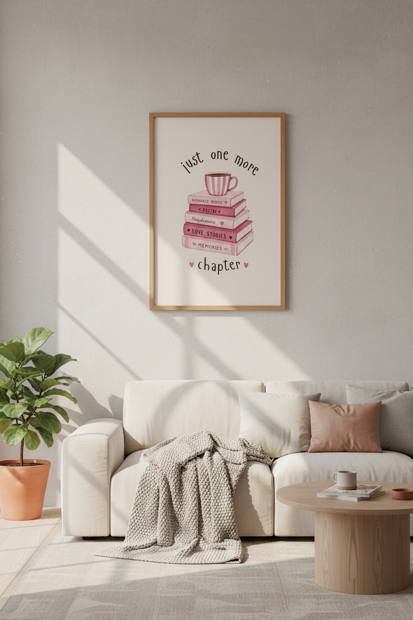 Bookish Stack Watercolor Wall Art | Reading Nook Decor | Pink Coquette Poster