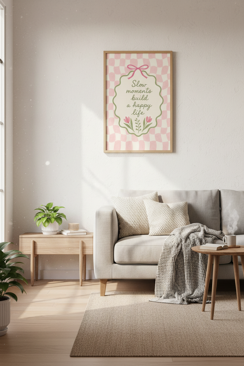 Slow Moments Life Quote Wall Art | Pink Bow Checkered Poster | Coquette Room Decor