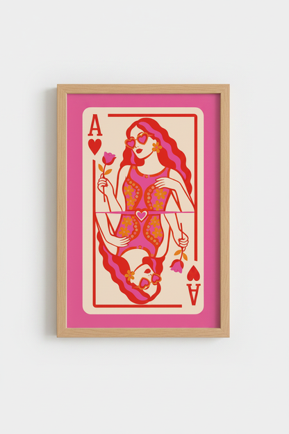 Retro Queen of Hearts Wall Art Print | Pink Preppy Dorm Decor | Girly Playing Card Poster