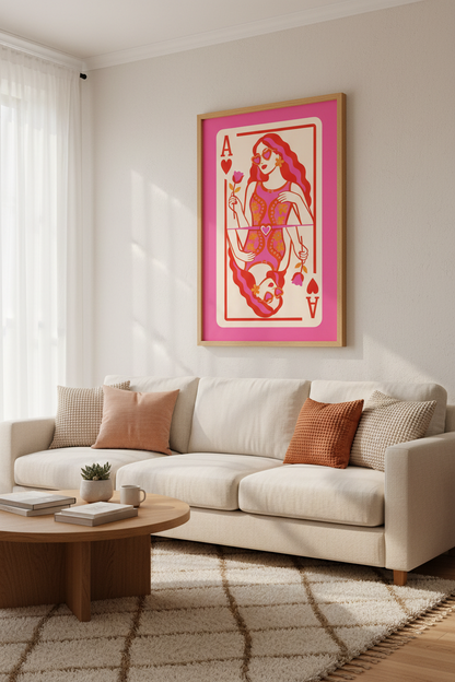 Retro Queen of Hearts Wall Art Print | Pink Preppy Dorm Decor | Girly Playing Card Poster