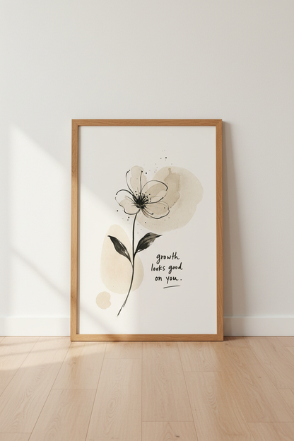 Floral Growth Quote Wall Art | Minimalist Ink Flower Print, Neutral Boho Decor