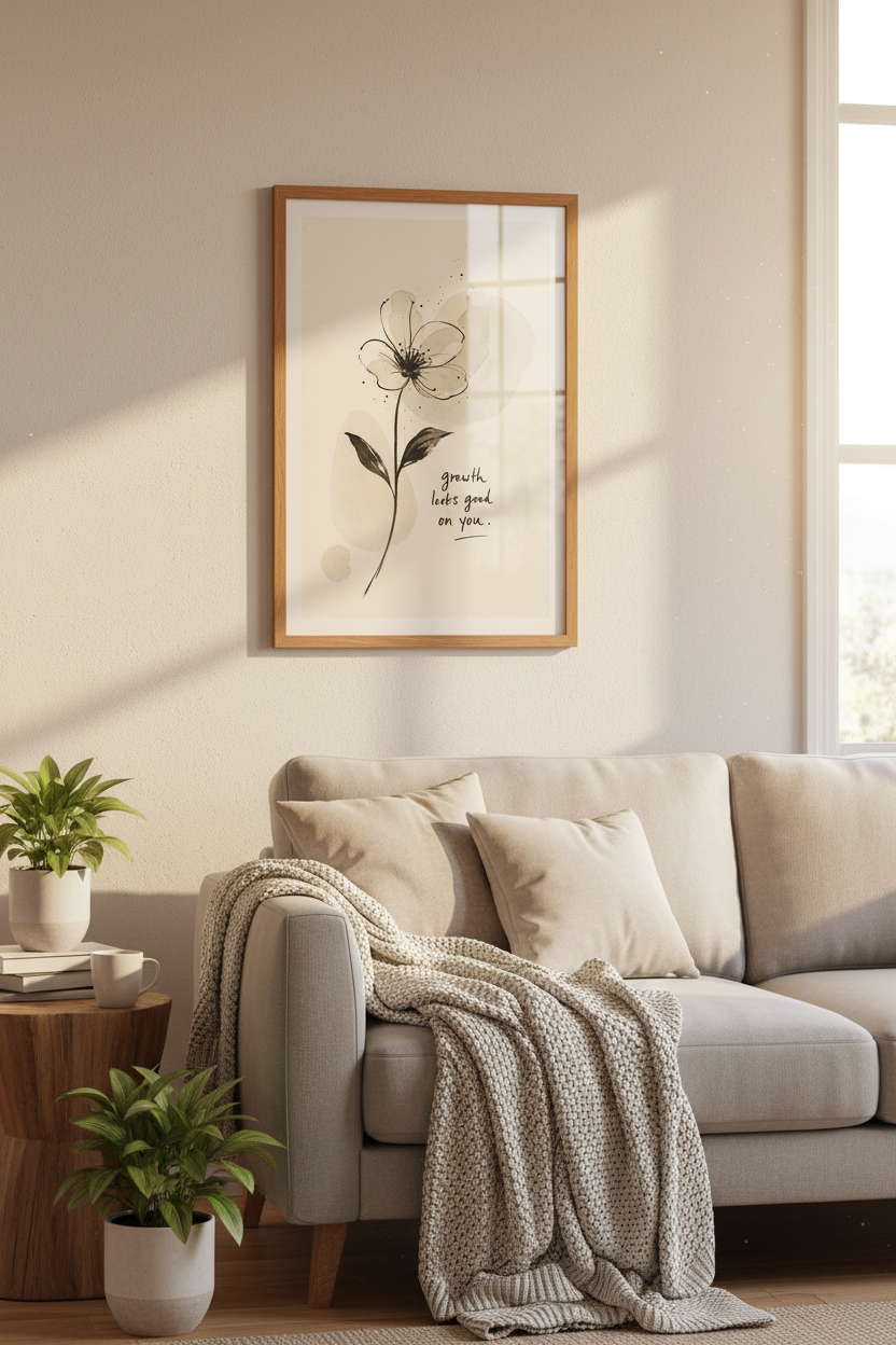 Floral Growth Quote Wall Art | Minimalist Ink Flower Print, Neutral Boho Decor