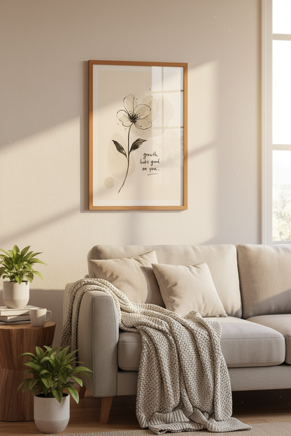 Floral Growth Quote Wall Art | Minimalist Ink Flower Print, Neutral Boho Decor