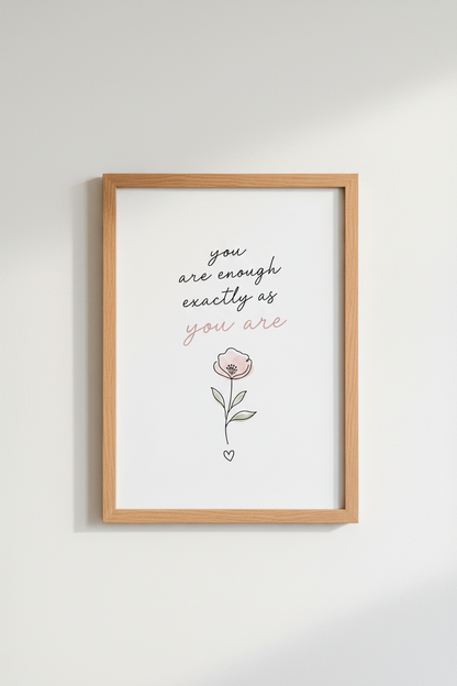 You Are Enough Quote Art | Minimalist Floral Blush Pink, Bedroom Wall Decor