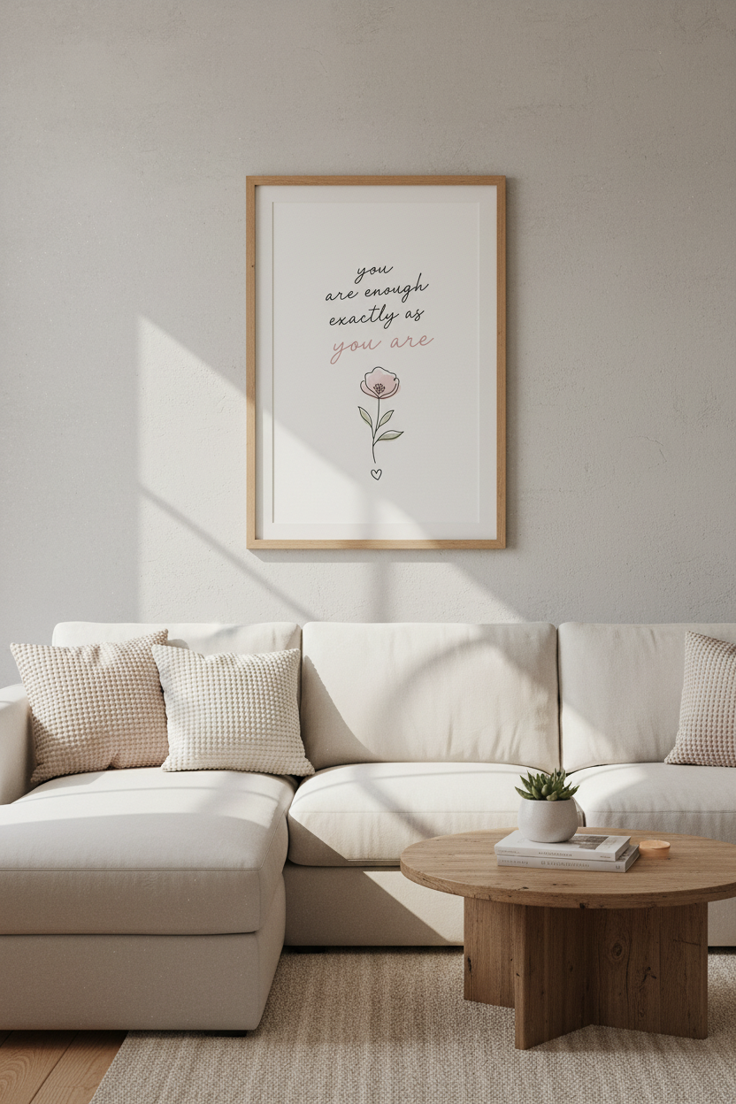 You Are Enough Quote Art | Minimalist Floral Blush Pink, Bedroom Wall Decor