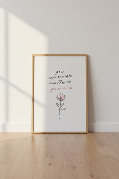 You Are Enough Quote Art | Minimalist Floral Blush Pink, Bedroom Wall Decor