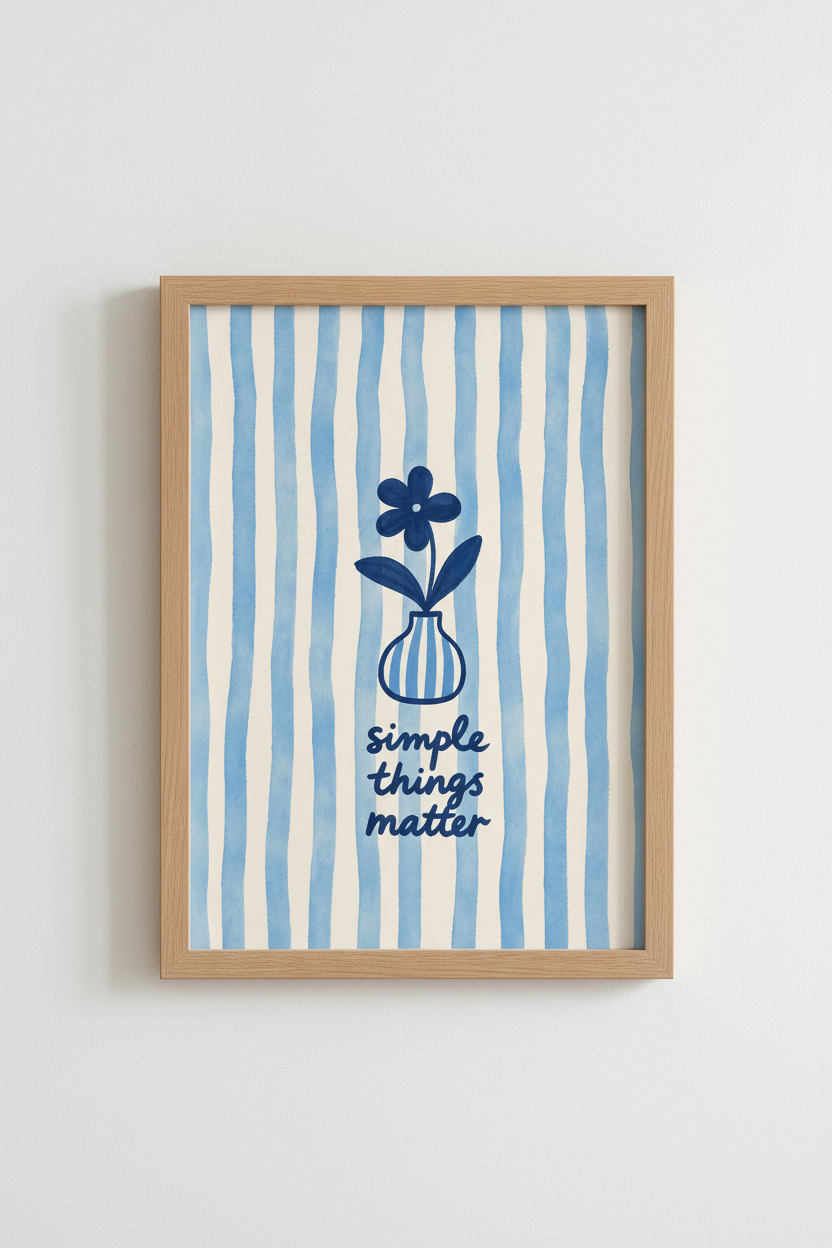 Blue Stripe Wall Art | Minimalist Cerulean Vase Print, Living Room Decor