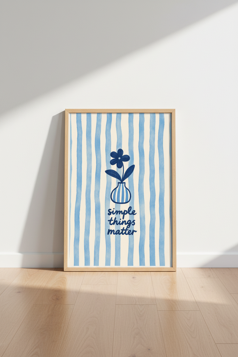 Blue Stripe Wall Art | Minimalist Cerulean Vase Print, Living Room Decor