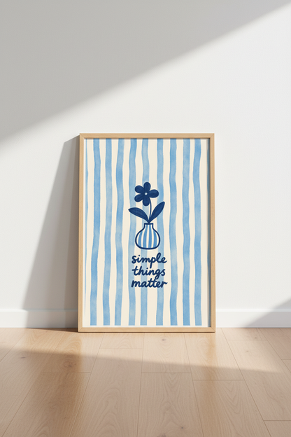 Blue Stripe Wall Art | Minimalist Cerulean Vase Print, Living Room Decor