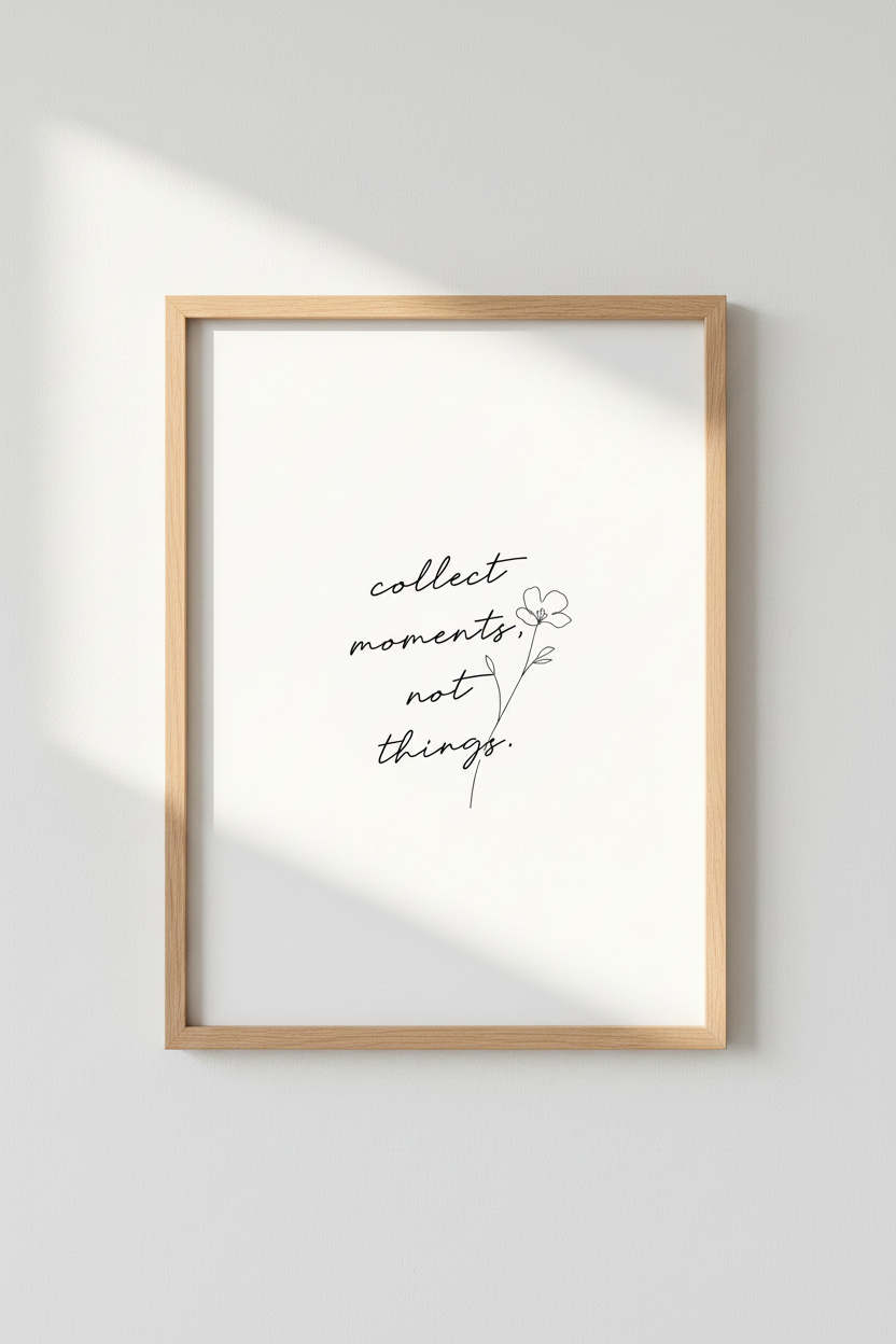 Collect Moments Quote Art | Minimalist Flower Sketch, Bedroom Wall Decor