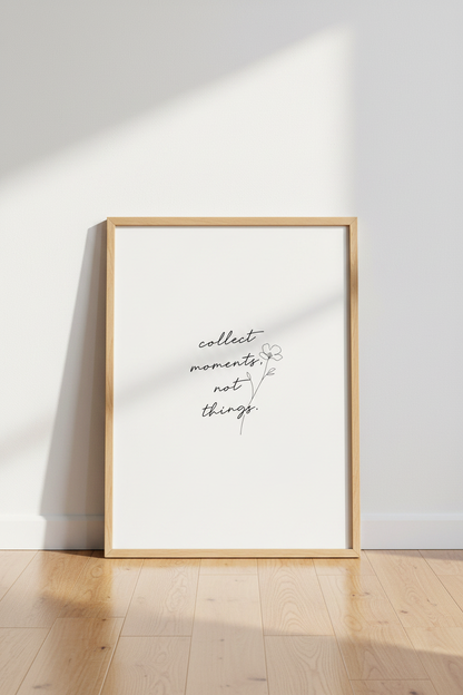Collect Moments Quote Art | Minimalist Flower Sketch, Bedroom Wall Decor