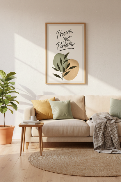 Progress Not Perfection Wall Art | Boho Botanical Print, Motivational Home Office Poster