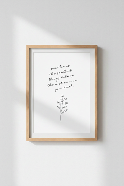 Nursery Quote Wall Art | Smallest Things Script | Minimalist Floral Poster