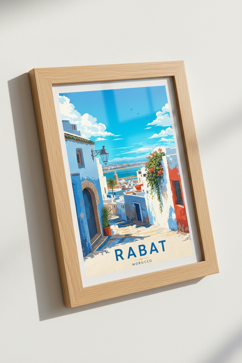 Rabat Morocco Travel Poster | Blue Coastal Wall Art Print | Mediterranean Decor