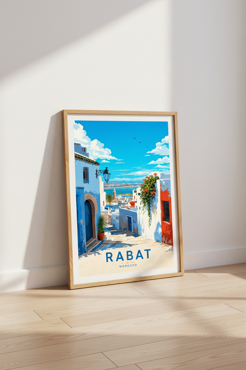 Rabat Morocco Travel Poster | Blue Coastal Wall Art Print | Mediterranean Decor