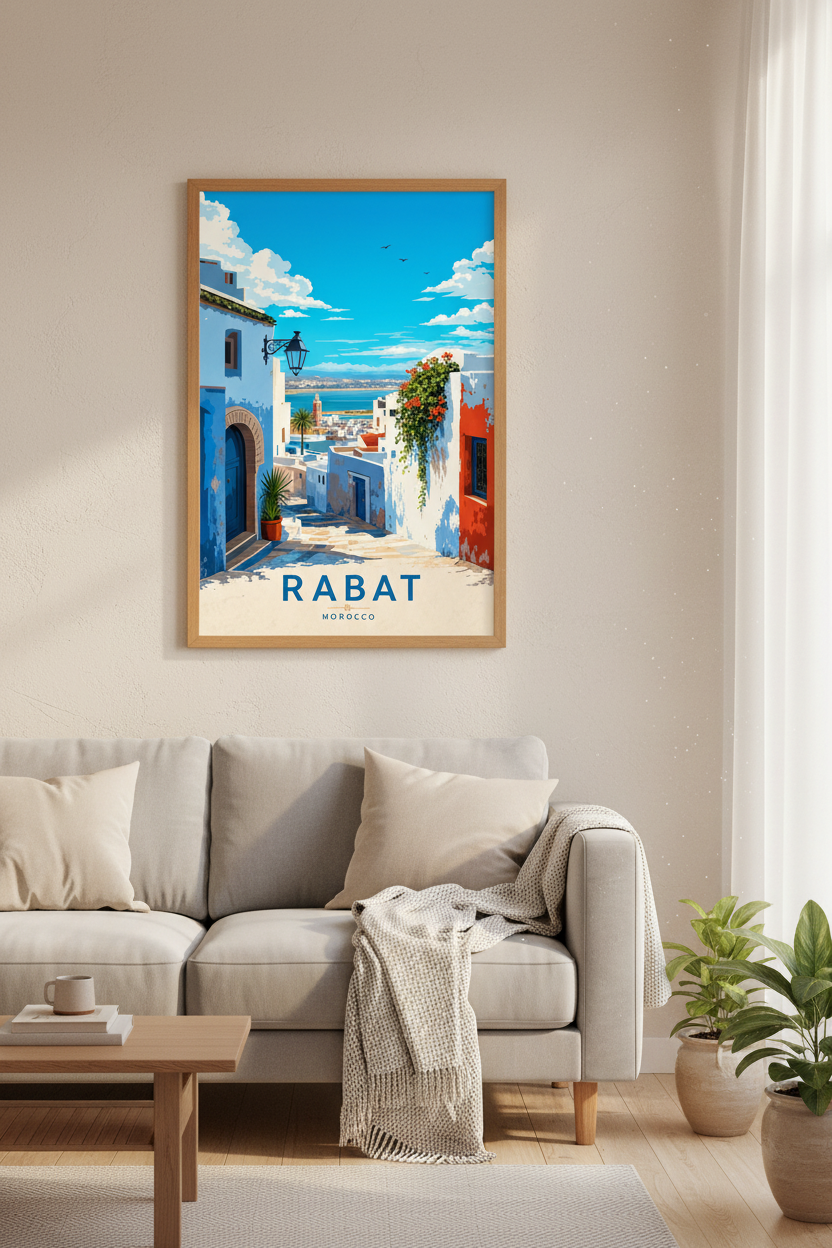 Rabat Morocco Travel Poster | Blue Coastal Wall Art Print | Mediterranean Decor