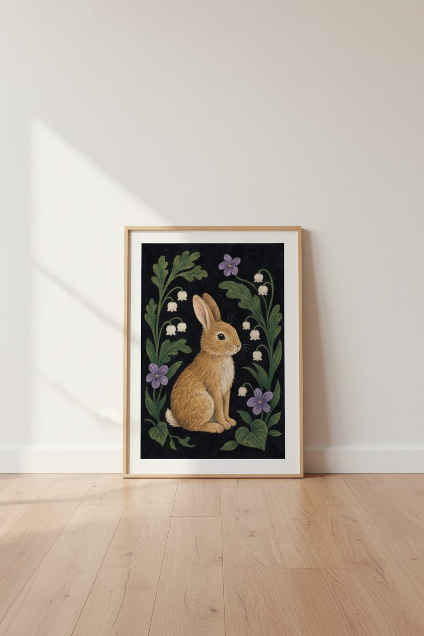 Rabbit &amp; Lily of the Valley Wall Art | Moody Cottagecore Decor | Vintage Woodland Poster