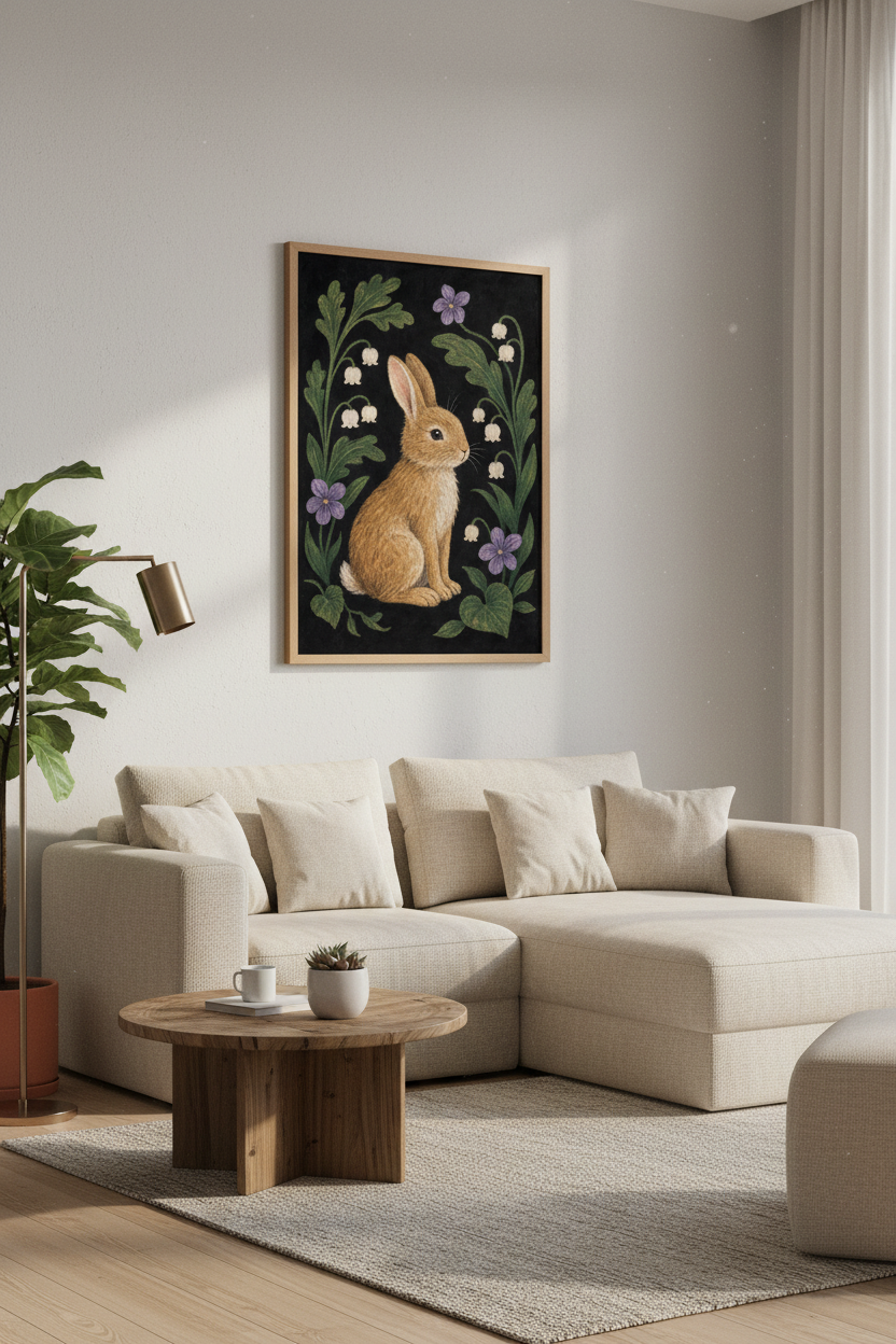 Rabbit &amp; Lily of the Valley Wall Art | Moody Cottagecore Decor | Vintage Woodland Poster